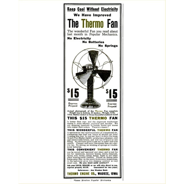 Circa 1914 "The Thermo Fan" By Thermo Engine Company Of Waukee Iowa. Marketing From Thermo Engine Company Reads As...