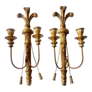 Pair of 1950s Italian Gilt Wood Candle Sconces With Tole Arms For Sale