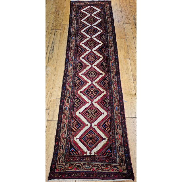 Textile Vintage Persian Malayer Runner Rug, Hand-Knotted Wool, Geometric Pattern, 3x10, Ivory & Red For Sale - Image 7 of 15