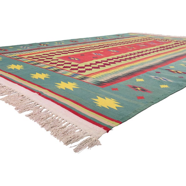 79609 Vintage Indian Dhurrie Rug, 10'00 x 15'11. The Southwest Desert Talisman: A Vintage Dhurrie Masterpiece of Tribal...