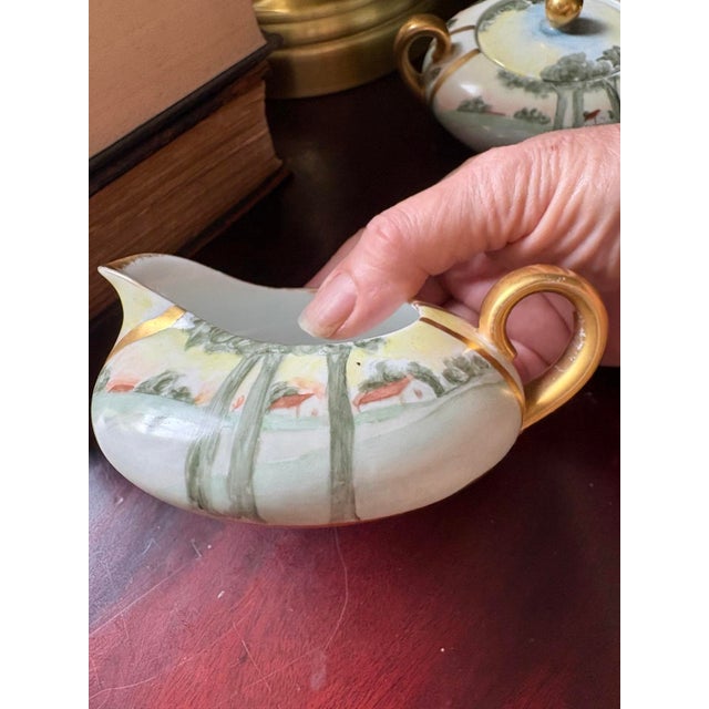 French Early 20th Century French La Seynie Limoges Hand Painted Landscape Creamer and Sugar Bowl Set Signed Ramsay For Sale - Image 3 of 10