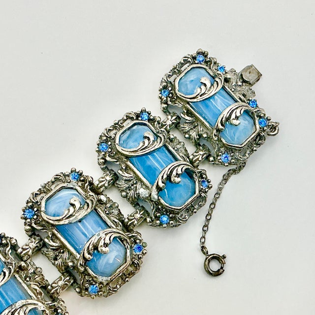 1920s Antique Art Deco Art Nouveau Blue Glass & Silver Tone Clasp Cuff Bracelet, 7” For Sale - Image 11 of 13