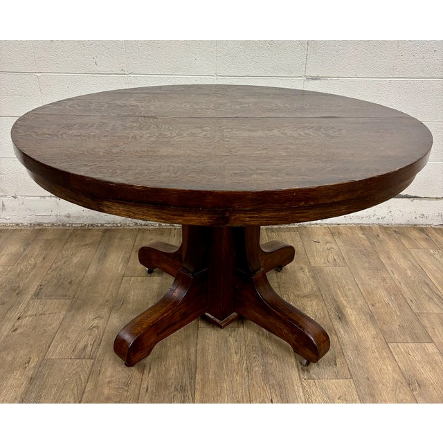 Antique Mission Arts and Crafts Tiger Oak Quarter Sawn Pedestal Dining Table For Sale - Image 9 of 18