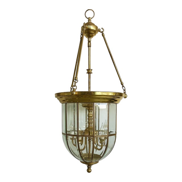 Late 20th Century Brass and Beveled Glass Lantern Pendant Light Fixture, 5 Chandelier Bulbs For Sale