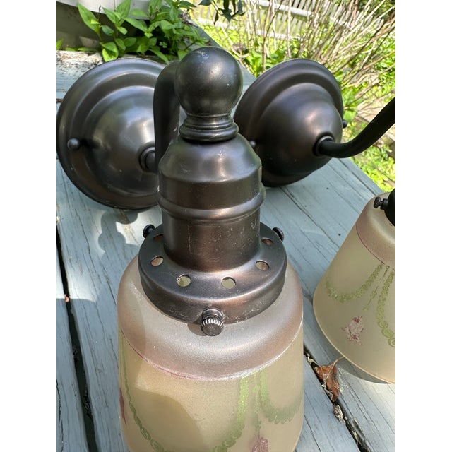 1920s Antique Brass Sconces With Vintage Glass Shades - Set of Three For Sale - Image 5 of 7