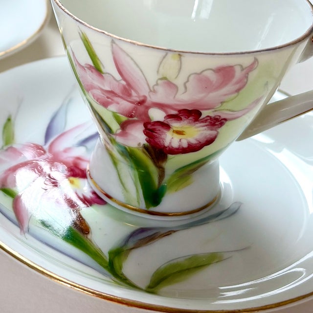 Ceramic 1950s Hand-Painted Porcelain Demitasse Cups & Saucers With Creamer- 10 Pieces For Sale - Image 7 of 10