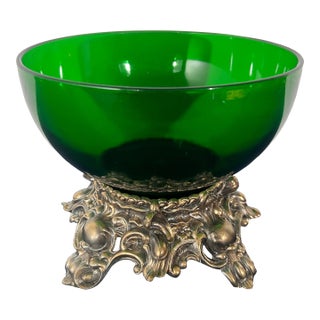Emerald Green Art Glass Centerpiece Bowl on Ornate Hollywood Regency Pedestal Stand For Sale