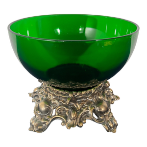 Emerald Green Art Glass Centerpiece Bowl on Ornate Hollywood Regency Pedestal Stand