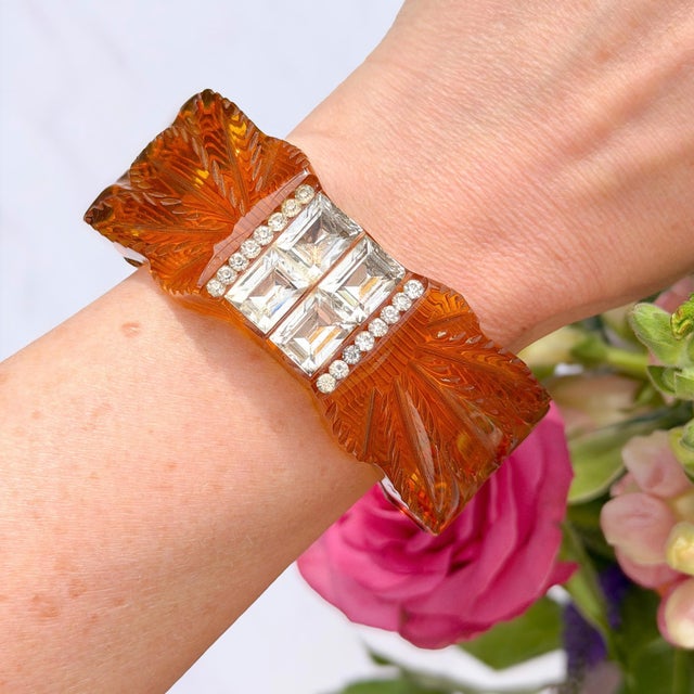 Vintage Art Deco Carved Bakelite and Paste Hinged Cuff, 1930s For Sale - Image 3 of 14
