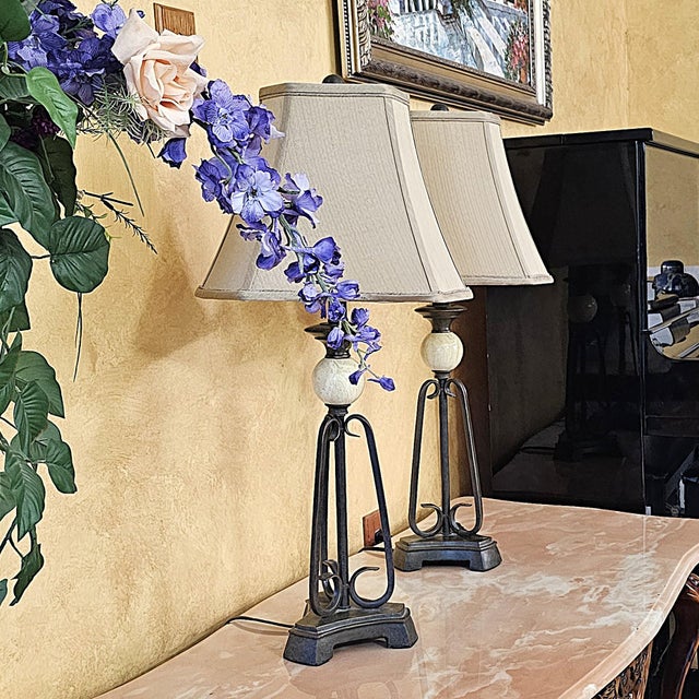 Pair of Uttermost Wrought Iron & Ceramic Sphere Table Lamps For Sale - Image 14 of 18