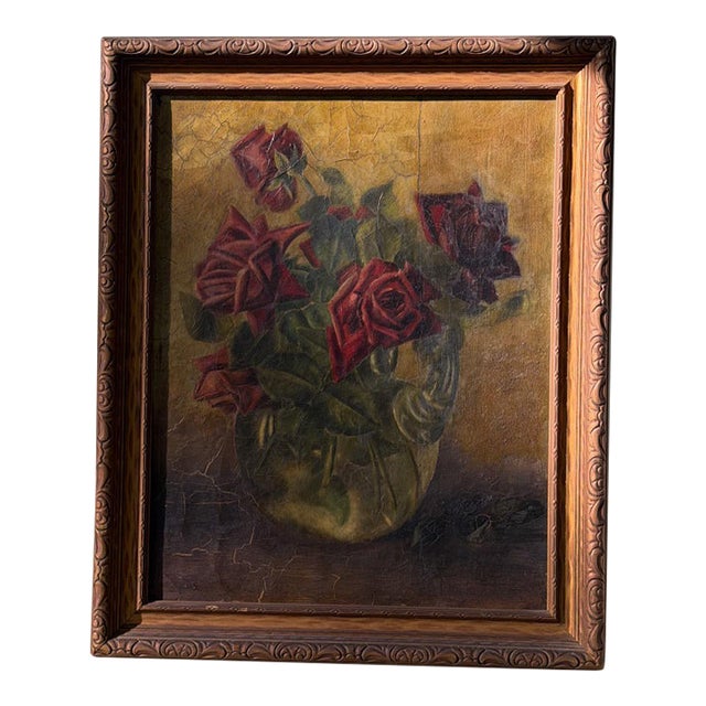 Antique Red Roses Still Life Oil Painting on Canvas · Unsigned Framed Original Floral For Sale