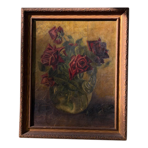Antique Red Roses Still Life Oil Painting on Canvas · Unsigned Framed Original Floral