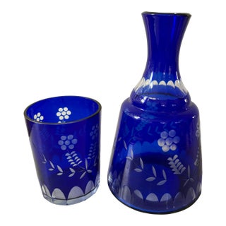Vintage Bohemian Cobalt Blue Cut-to-Clear Glass Bedside Water Carafe and Tumbler Set For Sale