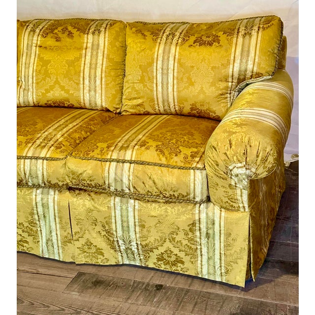 Vintage Golden Damask Roll Arm Sofa With Skirted Base For Sale - Image 10 of 10