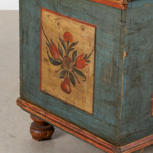 Wood 1822 Original Hand-Painted Blue Pine Flat Top Trunk For Sale - Image 7 of 13