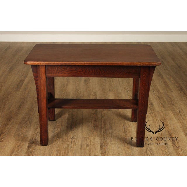 Antique Mission Oak Arts & Crafts Writing Desk With Drawer And Cutout Sides For Sale - Image 9 of 18