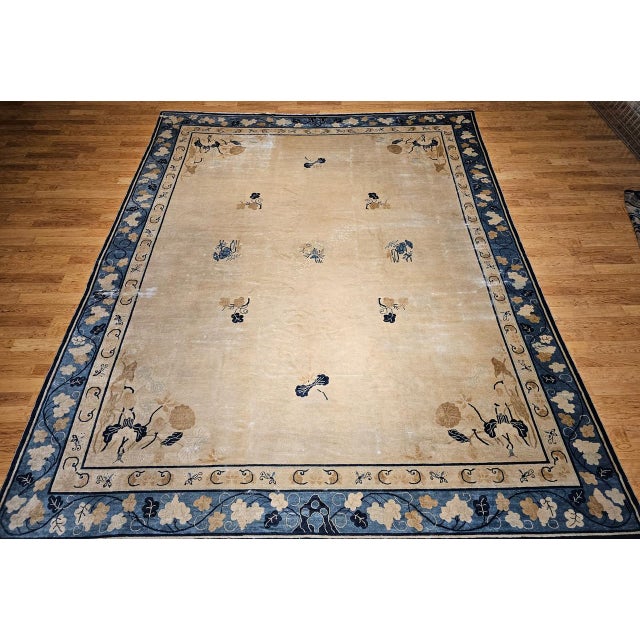 19th Century Antique Chinese Peking Rug, Handwoven Open Pattern, Tan & Blue, 12' X 14' For Sale - Image 9 of 17