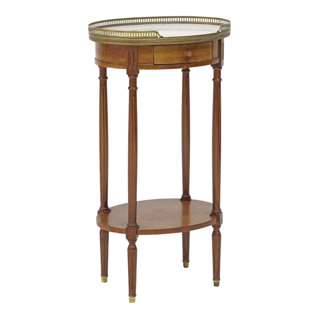 French Louis XVI Style Marble Top Mahogany Side Table With Brass Gallery, C. 1920s For Sale