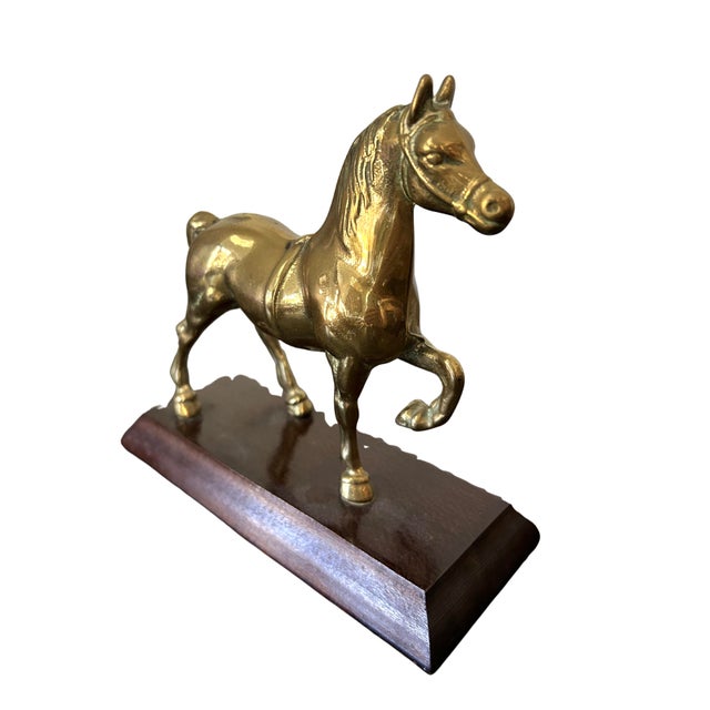 Vintage Solid Brass Prancing Horse Sculpture on Wood Pedestal Base – Mid-Century Modern Equestrian Decor For Sale - Image 6 of 6