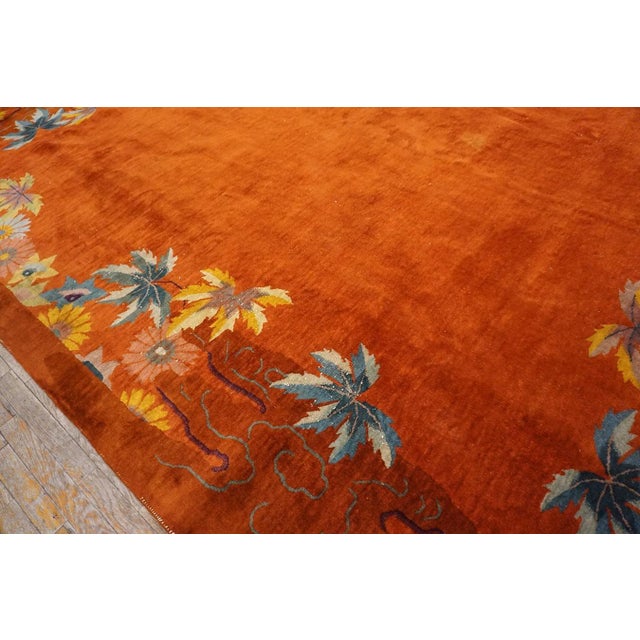 Terra Cotta Striking Multi Color Daisies in a Floral Design With Orange-Terra-Cotta Ground Color Antique Chinese Art Deco Rug For Sale - Image 8 of 12