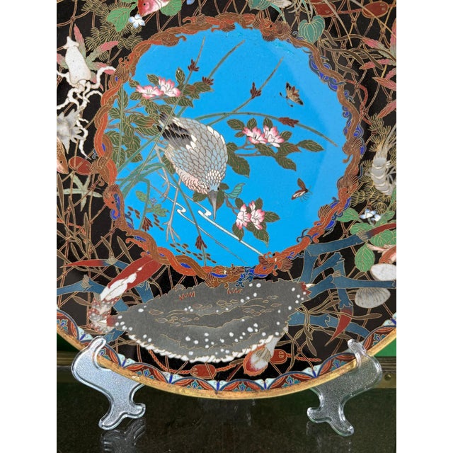 Meiji Japanese Cloisonne Enamel Charger With Crab, Fish, and Marine Life in Net For Sale - Image 12 of 12