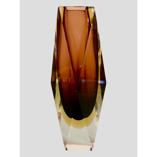 Italian Murano glass vase, Sommerso technique, faceted, 1960s. Sculptural faceted prism shape. Amber core and gold layer...