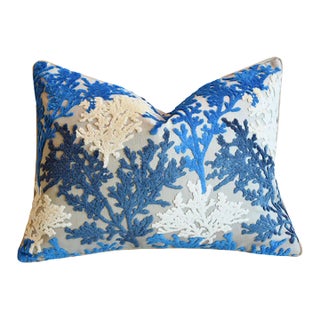 Blue & White Coral Cut-Velvet Feather/Down Pillow 24" X 18" For Sale