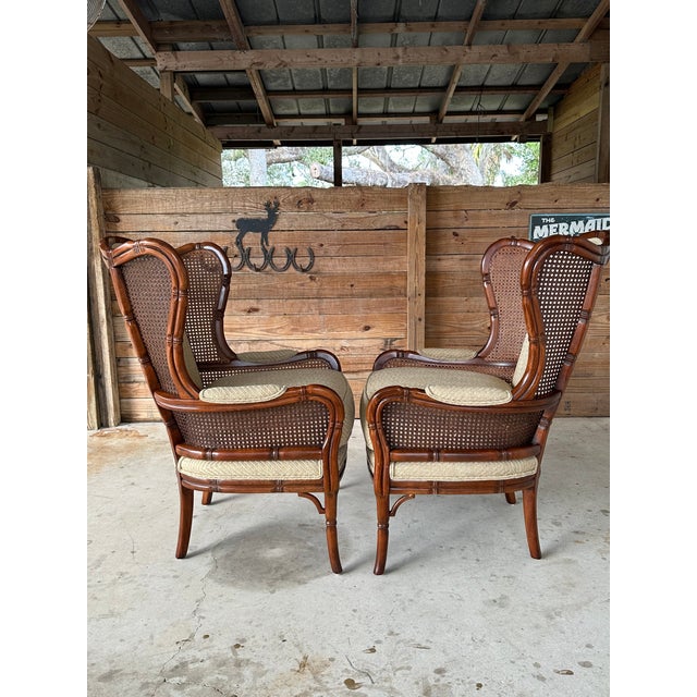 Pair Ethan Allen Faux Bamboo Cane Wingback Chairs Chairish