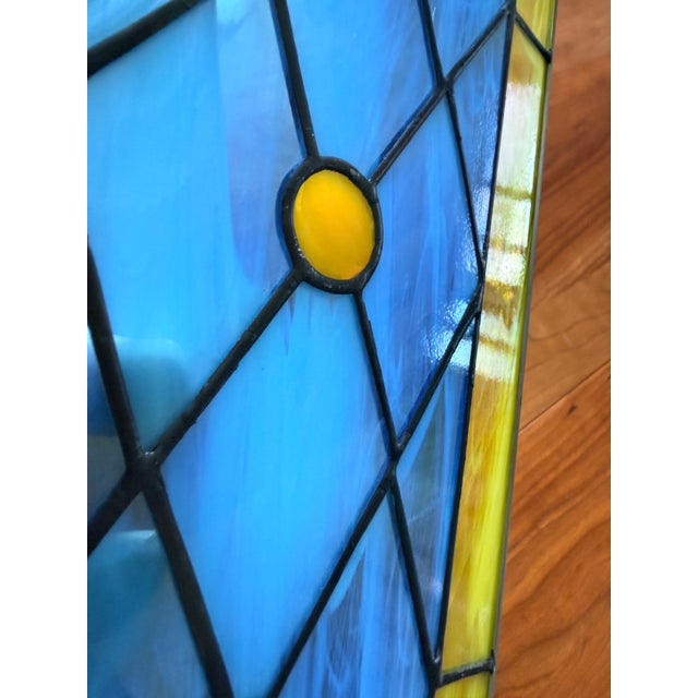 Vintage Geometric Leaded Stained Glass Panel With Opalescent Art Glass For Sale - Image 4 of 8