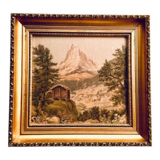 European Tapestry Depicting a Mountain Landscape With a Log Cabin Framed For Sale