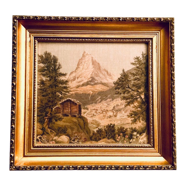 European Tapestry Depicting a Mountain Landscape With a Log Cabin Framed For Sale