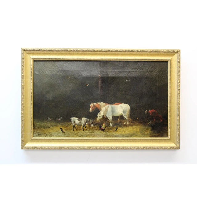 Charming 19th C. scene of barnyard interior with your typical variety of barn animals including horses, a goat, and a few...