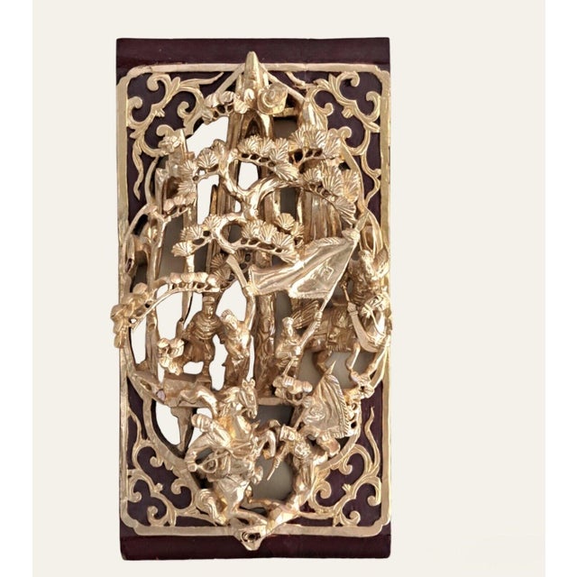 1950s Vintage Chinese Gilt Lacquer Wood Wall Panel Deep Carving Warriors Battle Scene For Sale - Image 5 of 11