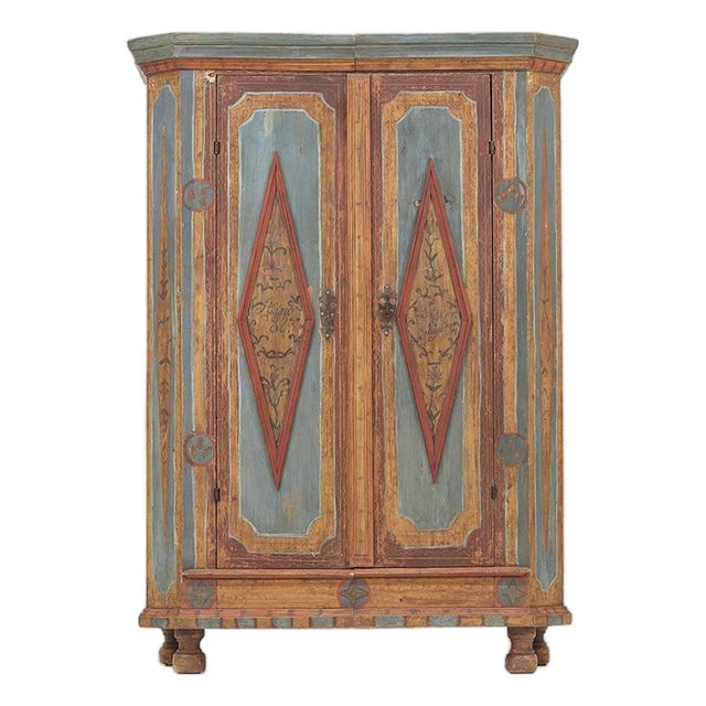 Rustic Farmhouse Folk Art Painted Bridal Cabinet, 1827 For Sale