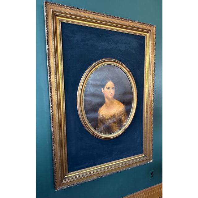 Very large vintage portrait of Thomas Sully’s Miss Pearce. Double framed. Gold gilt wood oval frame around portrait on a...