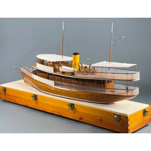 Large Vintage Mid 20th Century Handcrafted Ship Motor Cruiser Shipbuilder's Model With Display Case For Sale - Image 13 of 13