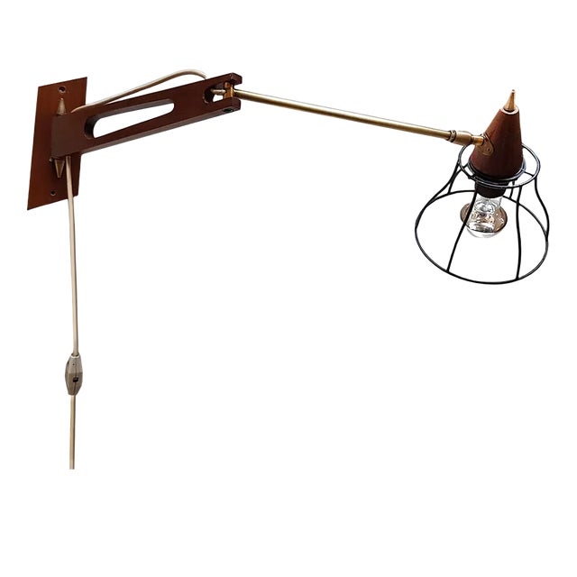 Mid-Century Teak & Brass Swing Arm Wall Lamp For Sale