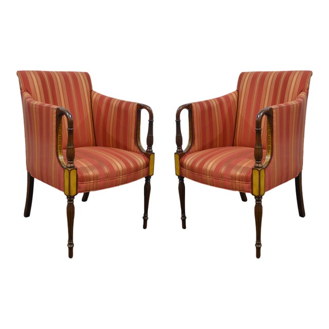 Pair Southwood Finely Inlaid Sheraton / Federal Armchairs For Sale