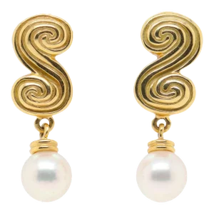 Vintage Tiffany & Co 18K Gold Double Spiral or 'S' Scroll Earrings w Pearl Drops - 2 Pieces