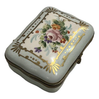 Vintage Limoges Porcelain Peint Main Light Blue & Gold Floral Dresser Trinket Box For Sale