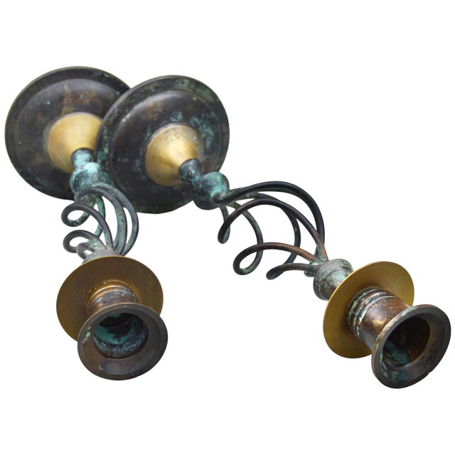 American Mid 20th Century Handcrafted Americana Brass Candleholders- S/2 For Sale - Image 3 of 8