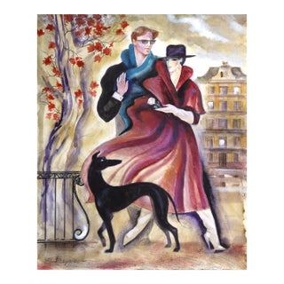 Walking With White Rose, Erik Freyman Watercolor With Pastels on Paper, Signed in Pen For Sale