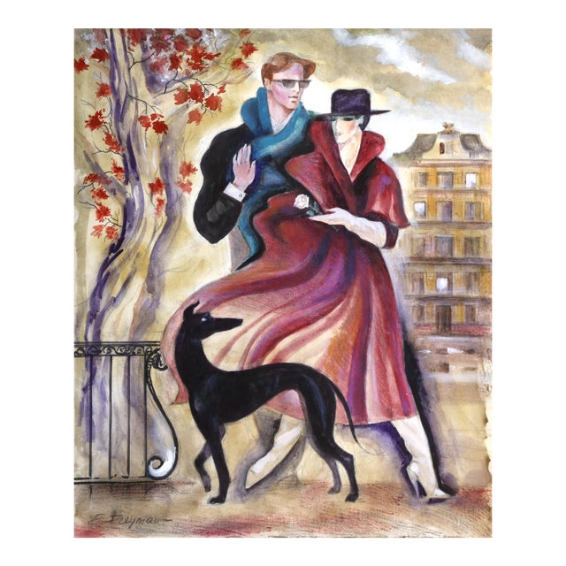 Walking With White Rose, Erik Freyman Watercolor With Pastels on Paper, Signed in Pen For Sale