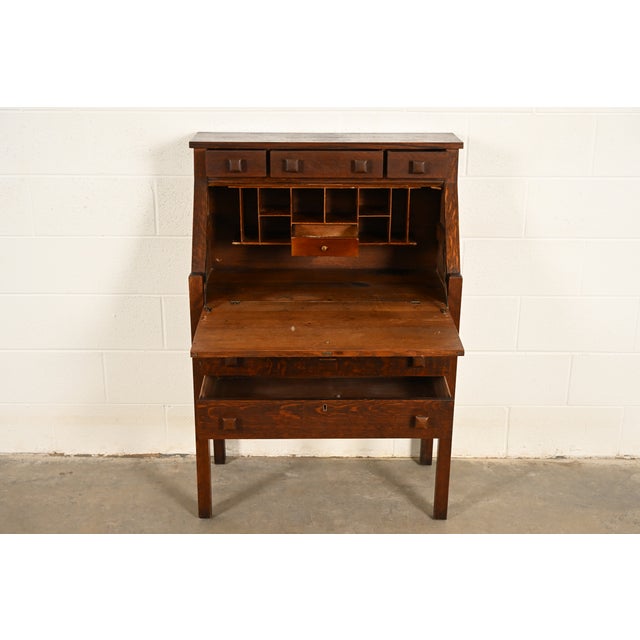 Early 20th Century Stickley Brothers Style Antique Mission Oak Arts & Crafts Drop Front Secretary Desk, Circa 1910 For Sale - Image 5 of 17