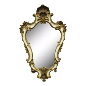 Vintage Italian Rococo Style Gold Giltwood White Shell Carved Wall Mirror