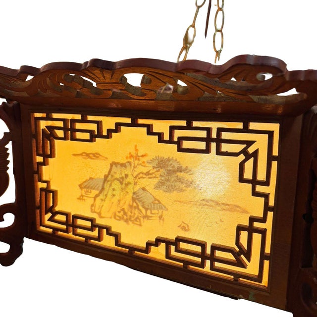 1950s Mid-Century Carved Chinese Rosewood Painted Lantern Hanging Chandelier Lamp For Sale - Image 13 of 14