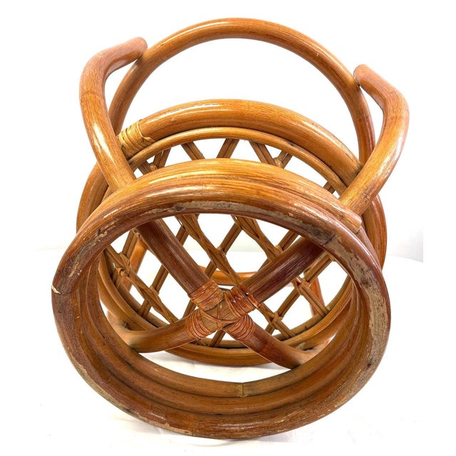 Mid-Century Modern 1970s Bent Rattan Round Side Table With Glass Top and Lattice Shelf For Sale - Image 3 of 5