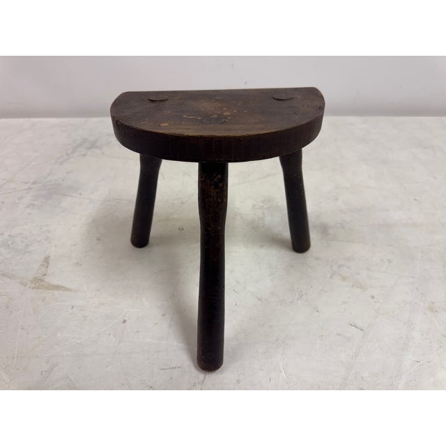 Vintage French Milking Stool D-Shaped wooden top Three turned legs