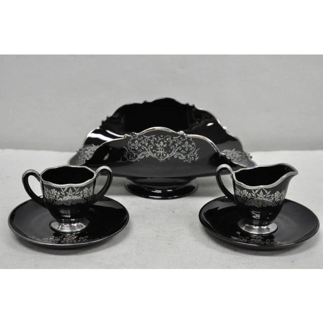 Vintage Rockwell Black Amethyst Glass Creamer Sugar Set Sterling Silver Overlay For Sale - Image 12 of 14