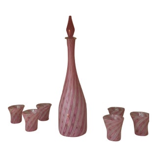 1960s Murano Latticino Decanter & Glass Set- 7 Pieces For Sale
